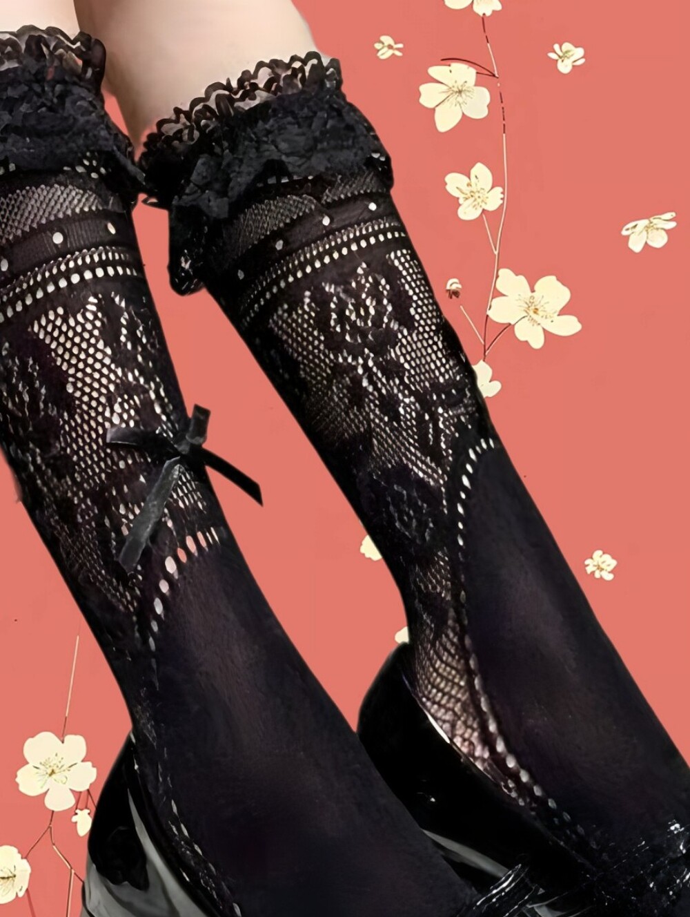 Black Lace Ruffle Below The Calf Stockings Sheer Cosplay Lolita OS